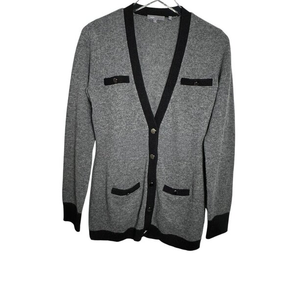 Vince. Cashmere Alpaca womens Cardigan Sweater gray black trim size Medium - Picture 1 of 7
